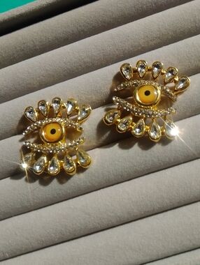Gold-Tone Yellow Evil Eye Crystal Stud Earrings - Women Jewelry